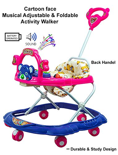 Musical Activity Baby Walker 555 with Music & Parent Handel Rod & Adjustable Height for Kids (Pink) - MRGTOYS
