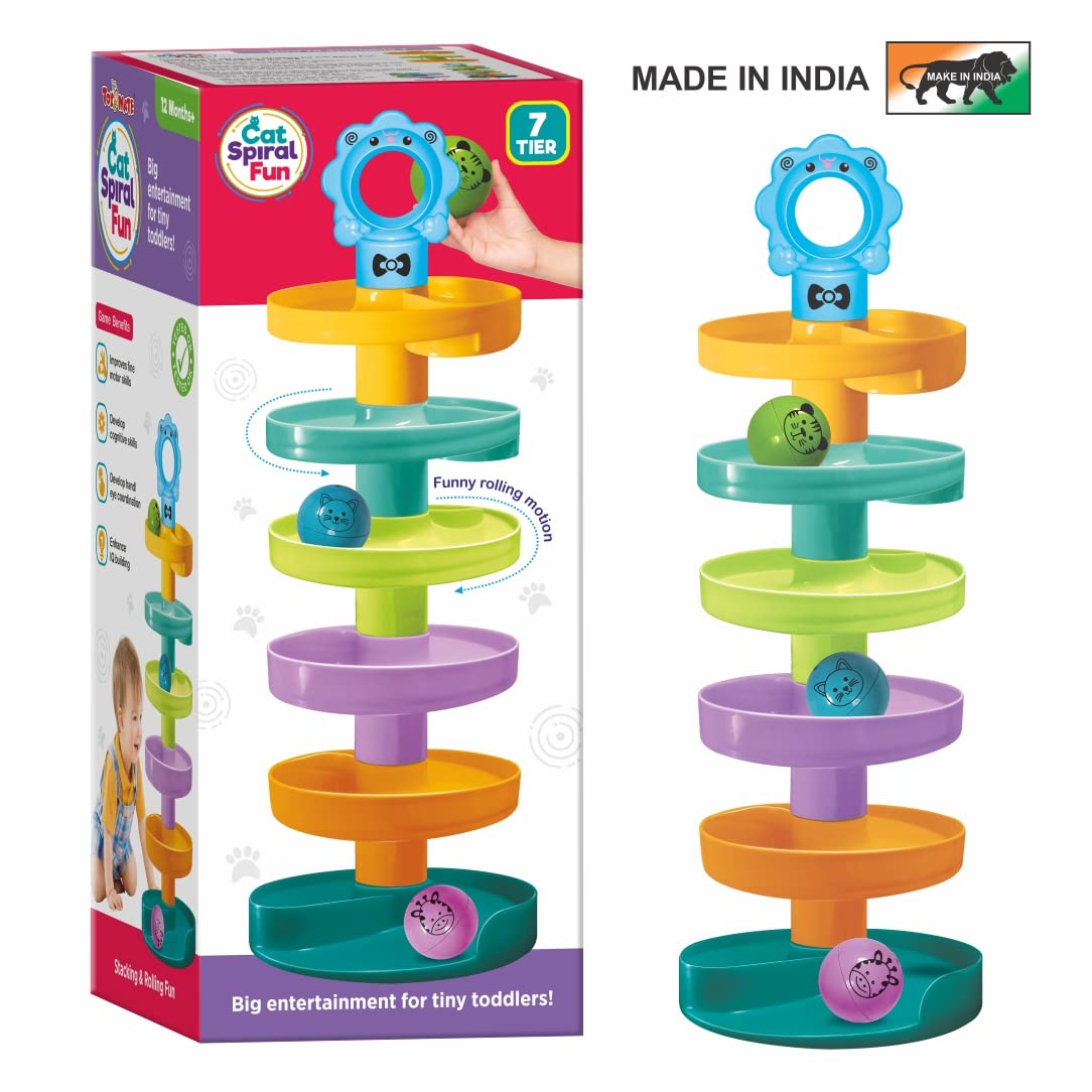 Toymate Cat Spiral Fun - A Roll Ball Toy with 7 Layer Ball Drop Tower Run with Roll Swirling Ramps for Baby and Toddler Educational Development Toy Set