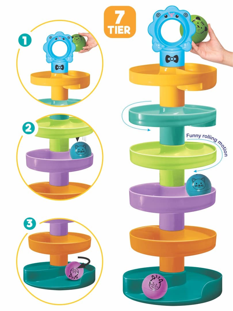 Toymate Cat Spiral Fun - A Roll Ball Toy with 7 Layer Ball Drop Tower Run with Roll Swirling Ramps for Baby and Toddler Educational Development Toy Set