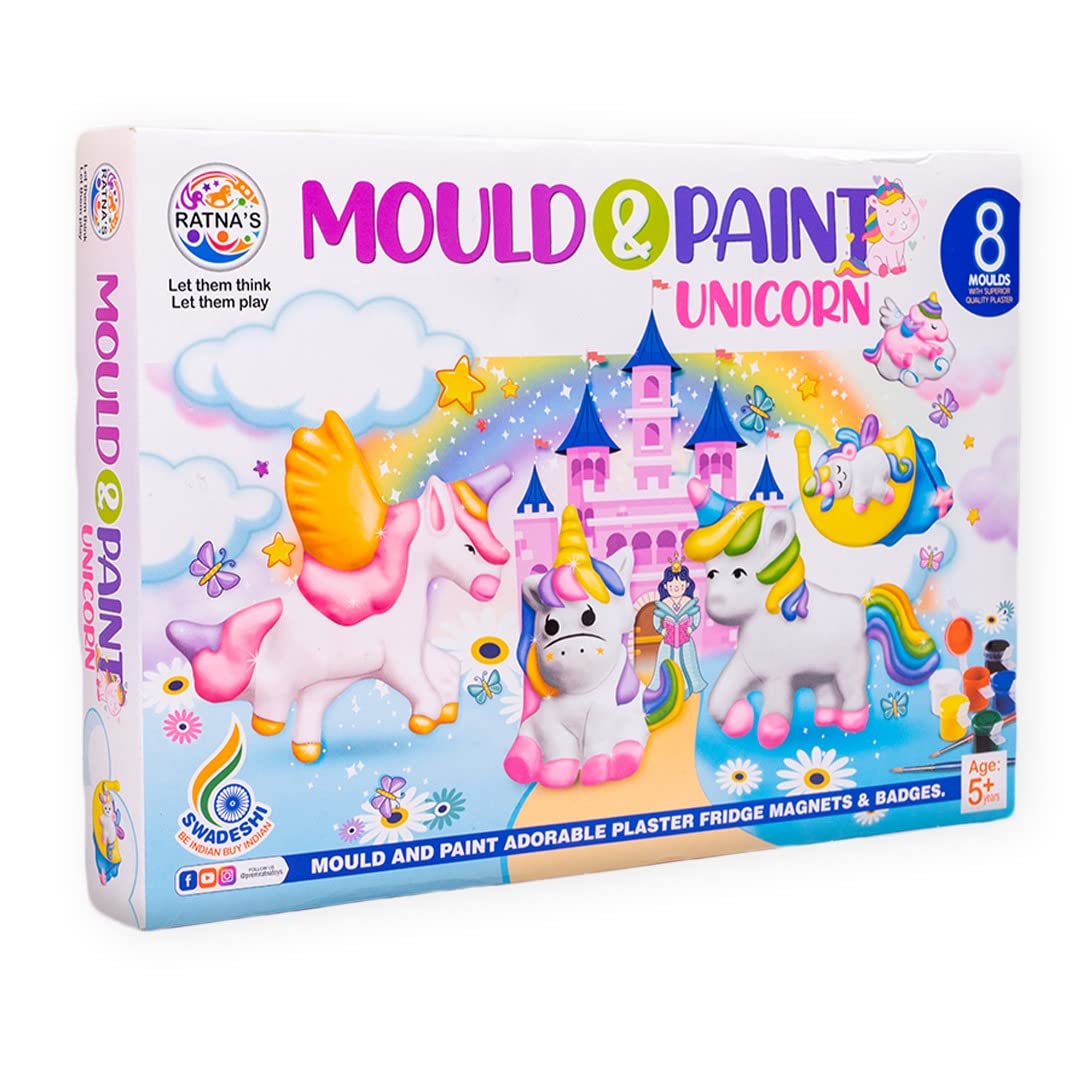 RATNA'S Mould & Paint Unicorn DIY Kit - Create Adorable Plaster Fridge Magnets & Badges - Fun Craft Activity for Kids - Includes 8 Moulds, Paints, Brush, and Instruction Manual (Multicolor)