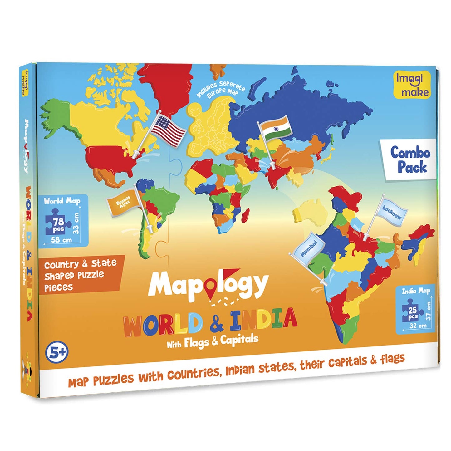 Imagimake: Mapology India and World Maps with Capitals - Learn Capitals and Country Flags - Educational Toy for Kids Above 5 Years, Multicolor GAMES