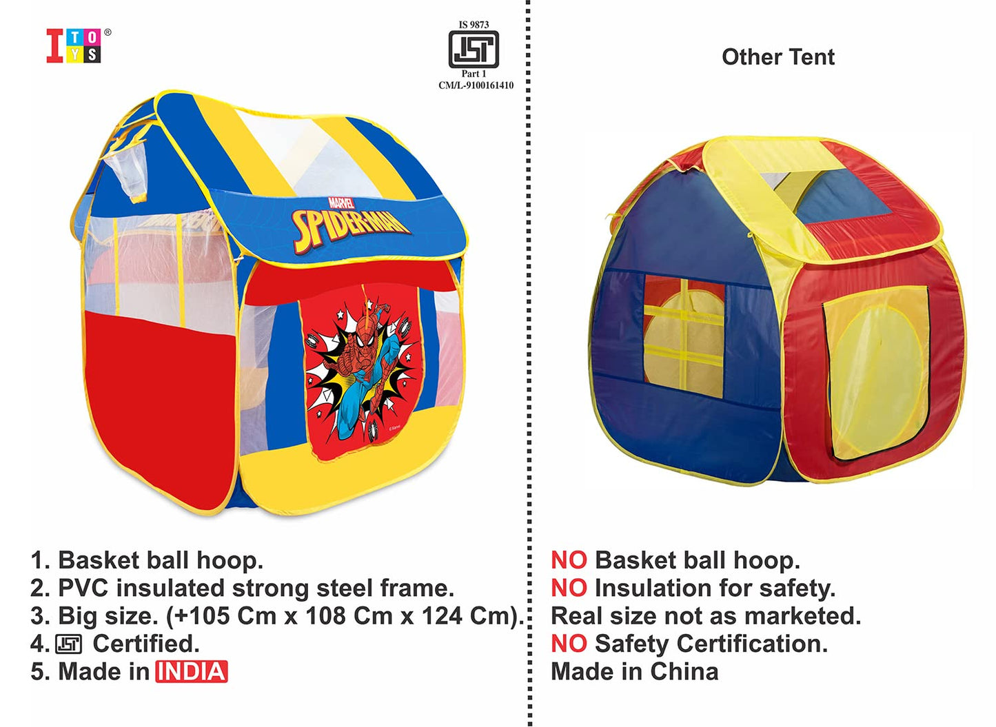 itoys Foldable Big Pop-Up Playhouse Tent for Kids, Toddler and Baby, Fill with Plastic Balls (Balls not included) Or use as an Indoor/Outdoor theme Play Tent (Marvel Spiderman pop up tent),Multicolor