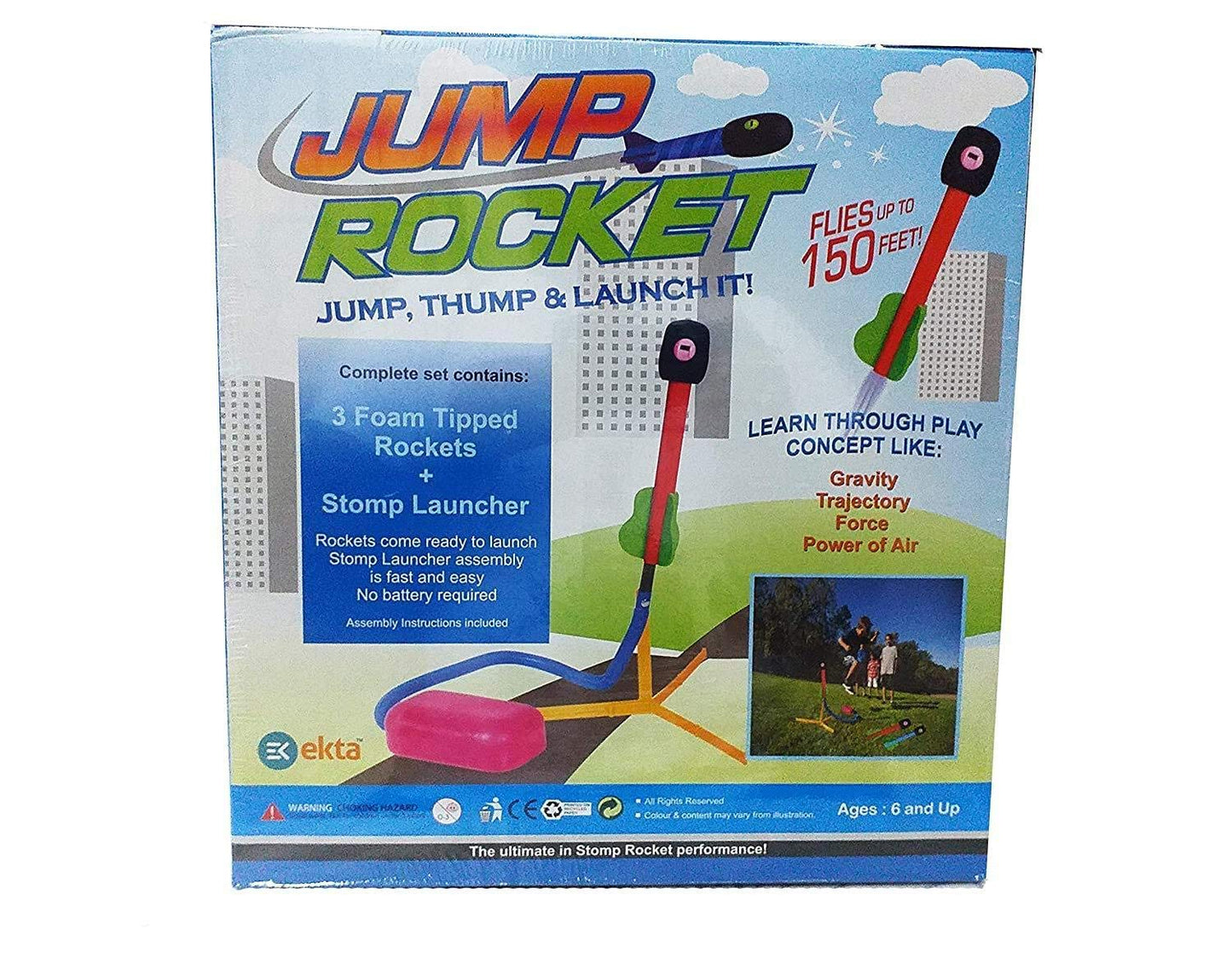 EKTA Jump Rocket Stomp Launcher and 3 Foam Tipped Rockets with Whistling Sound Outdoor Toy for Kids (Flies Upto 150ft, Non- Toxic, No Battery, Age 5+ Years), Multicolour