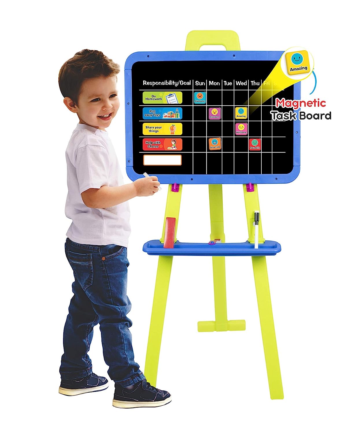 Itoys Easel White Black Board for Kids with Stand to Write Magnetic Board for Kids Learning 8 in 1 Multipurpose for Drawing Writing Painting MULTICOLOUR