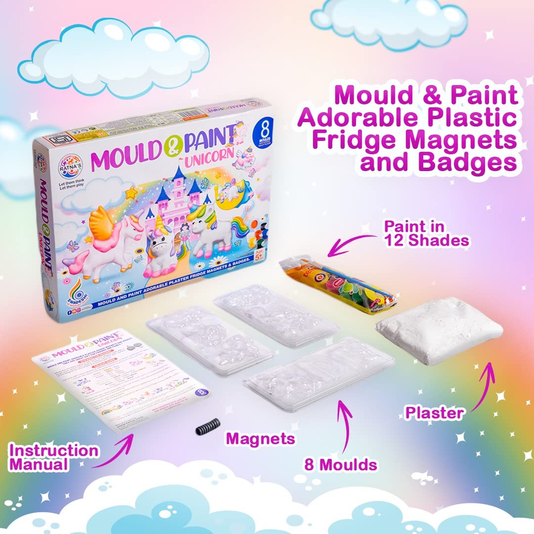 RATNA'S Mould & Paint Unicorn DIY Kit - Create Adorable Plaster Fridge Magnets & Badges - Fun Craft Activity for Kids - Includes 8 Moulds, Paints, Brush, and Instruction Manual (Multicolor)
