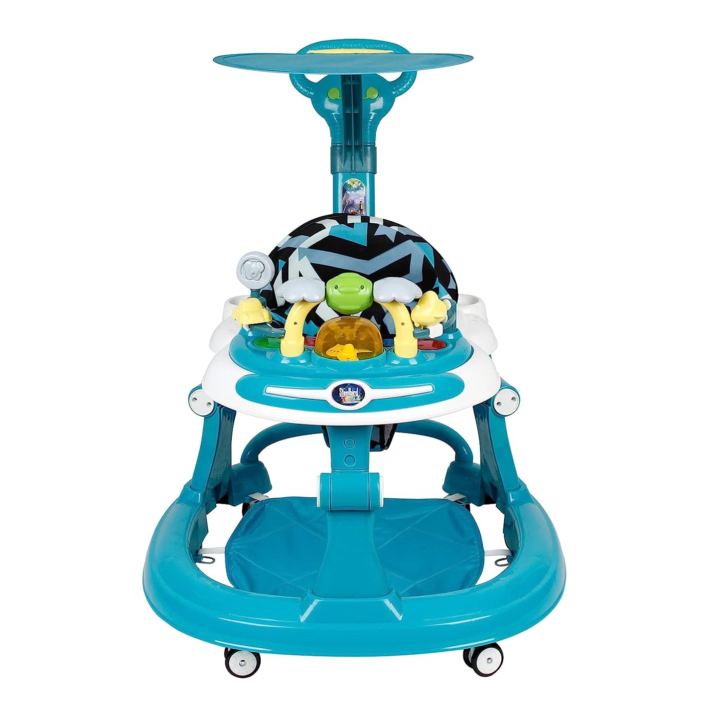 Steelbird Walk-N-Hop Unisex Anti Fall Toddler Hop, Sit & Stand Walker with Sun Shield and Push Hand Bar, Removable Toy Tray, Music System and Height Adjustments for 9-18 Months (Turquoise Blue)