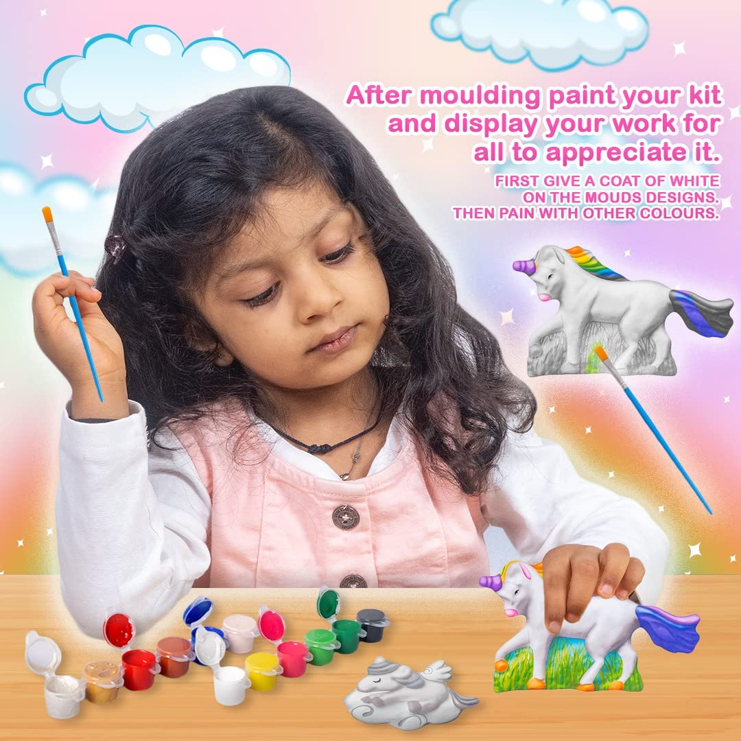 RATNA'S Mould & Paint Unicorn DIY Kit - Create Adorable Plaster Fridge Magnets & Badges - Fun Craft Activity for Kids - Includes 8 Moulds, Paints, Brush, and Instruction Manual (Multicolor)