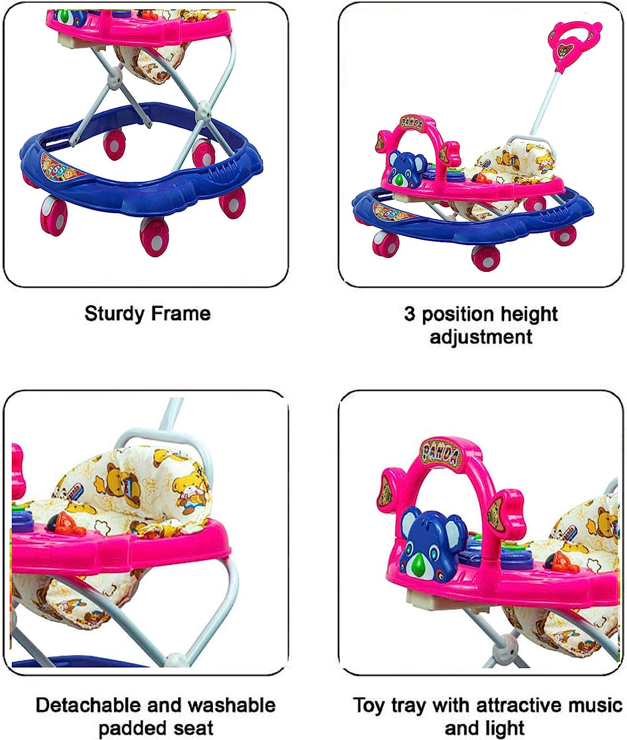 Musical Activity Baby Walker 555 with Music & Parent Handel Rod & Adjustable Height for Kids (Pink) - MRGTOYS
