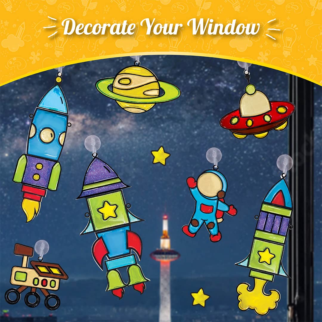 Imagimake Window Art - Rocket - 16 Pieces Glass Painting Set - Astronaut, Rover, Space Designs - Craft Kit for Boys & Girls 5 Years & Above GAMES