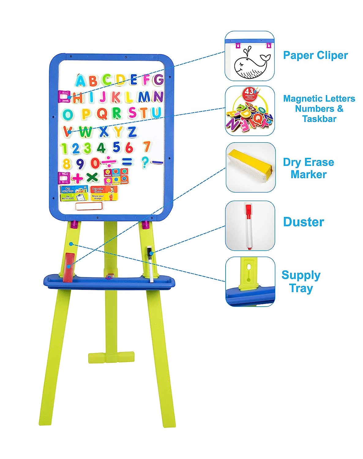 Itoys Easel White Black Board for Kids with Stand to Write Magnetic Board for Kids Learning 8 in 1 Multipurpose for Drawing Writing Painting MULTICOLOUR