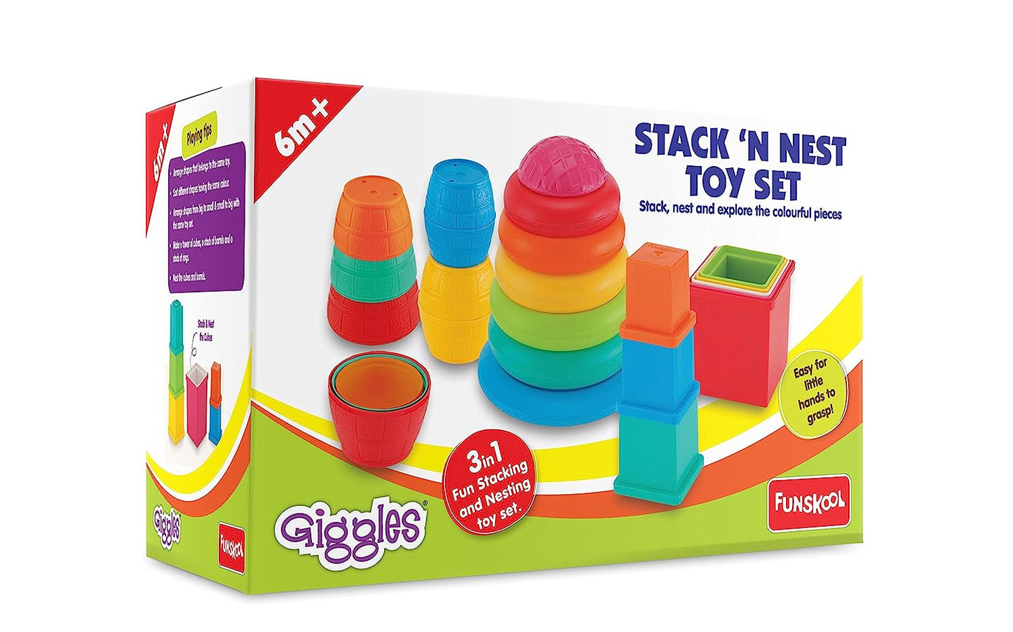 Giggles - Stack N Nest Toy , Multicolour 3 in 1 Gift Set, Develops Motor Skills , 6 Months & Above, Infant and Preschool Toys