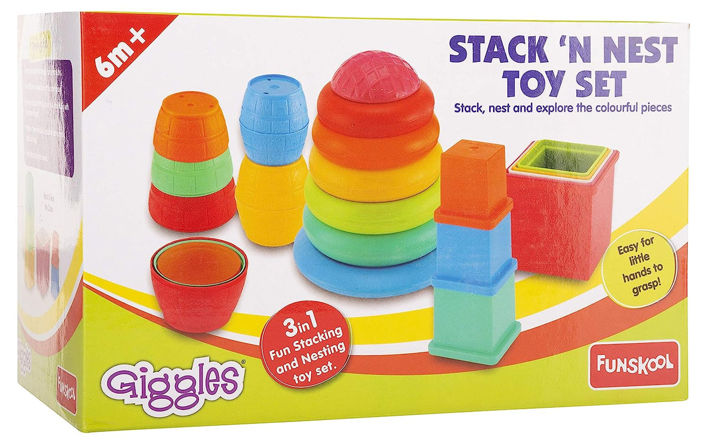 Giggles - Stack N Nest Toy , Multicolour 3 in 1 Gift Set, Develops Motor Skills , 6 Months & Above, Infant and Preschool Toys