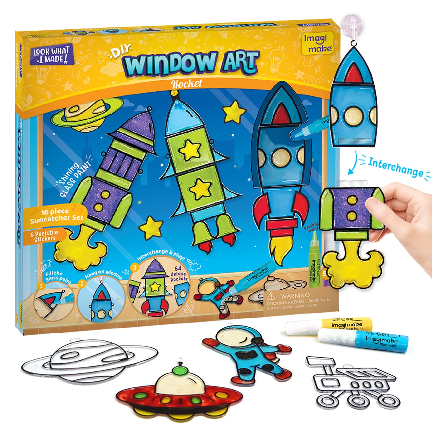 Imagimake Window Art - Rocket - 16 Pieces Glass Painting Set - Astronaut, Rover, Space Designs - Craft Kit for Boys & Girls 5 Years & Above GAMES