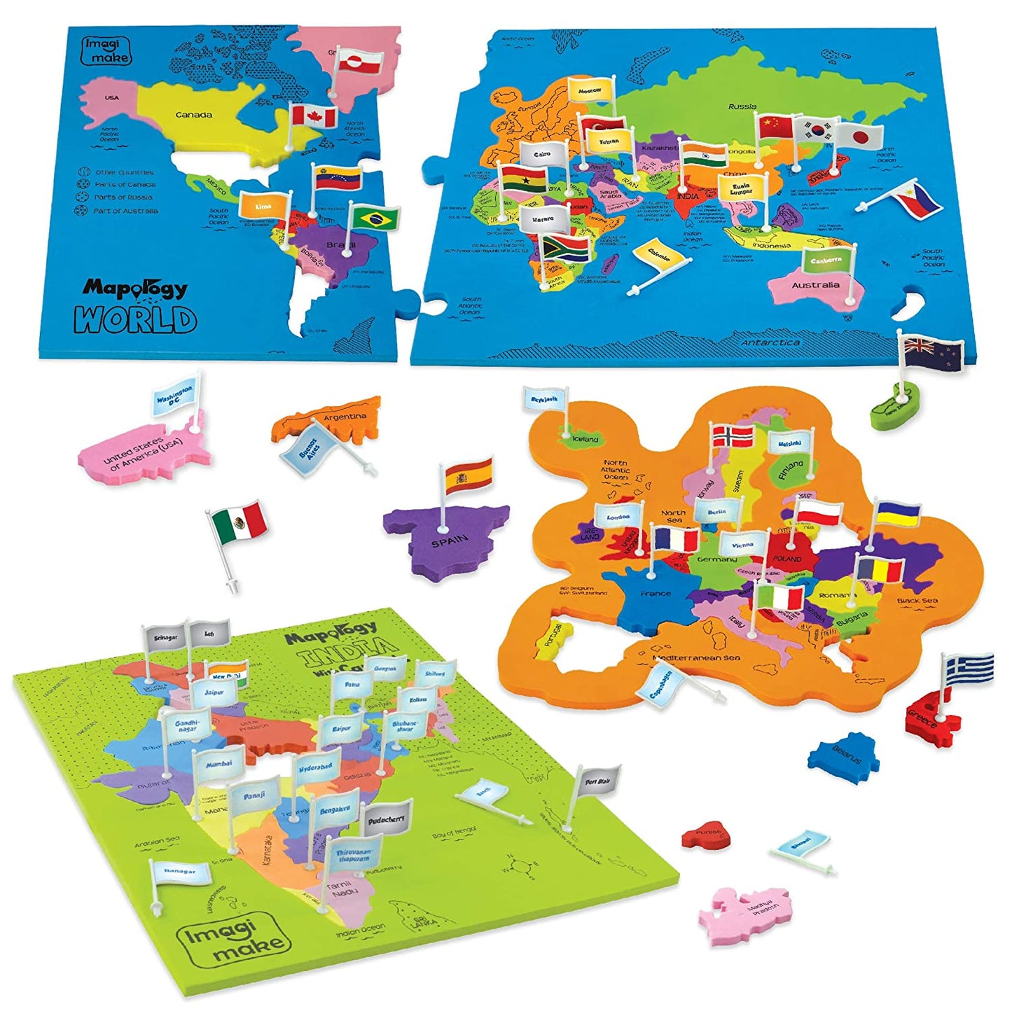 Imagimake: Mapology India and World Maps with Capitals - Learn Capitals and Country Flags - Educational Toy for Kids Above 5 Years, Multicolor GAMES