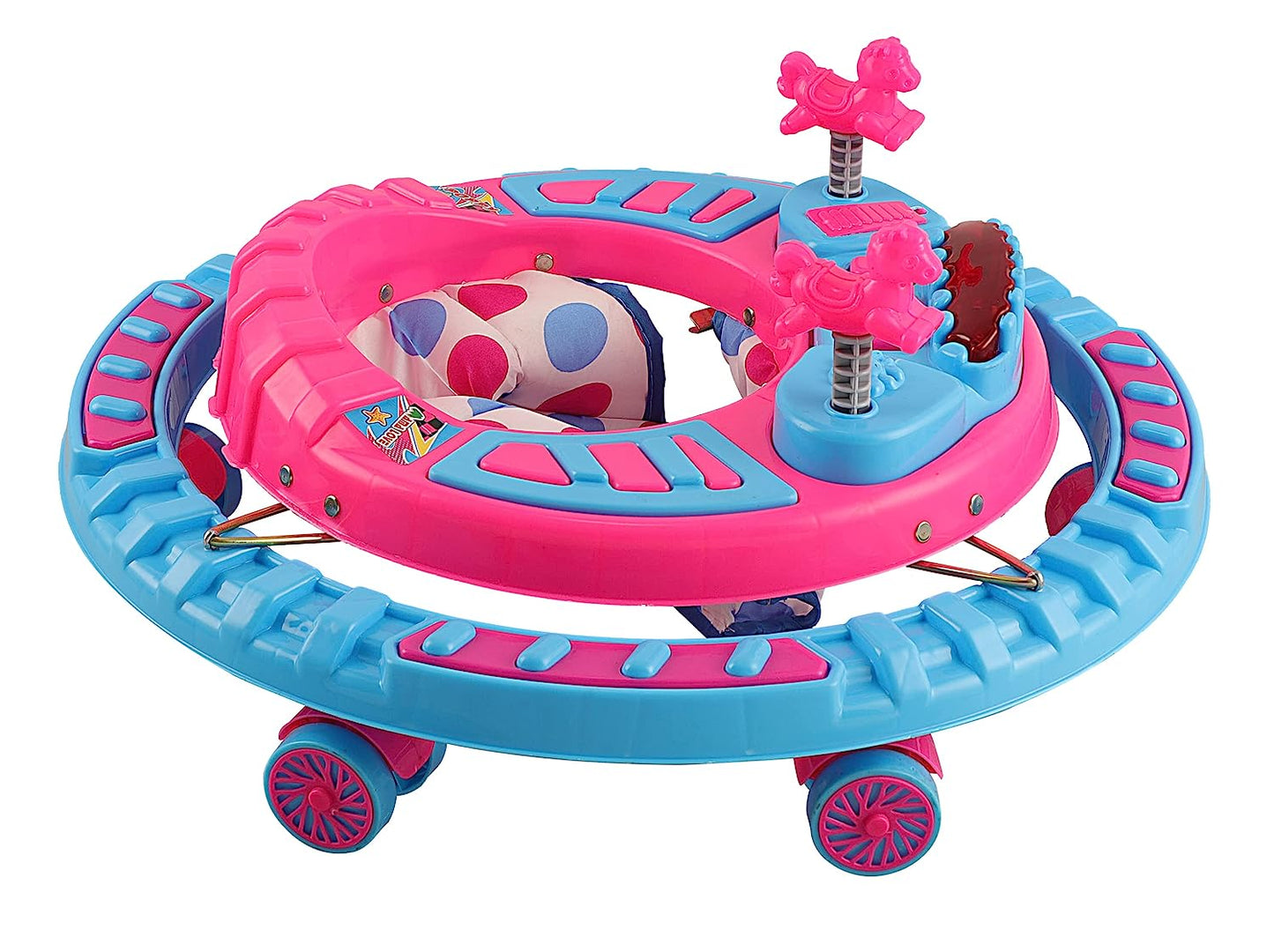 Poppy Round Kids Walker with Foldable, Cushion Seat | Activity Walker for Baby with Musical Toy Bar | Walker Baby 6-18 Months Boys Girls Blue Pink - MRGTOYS