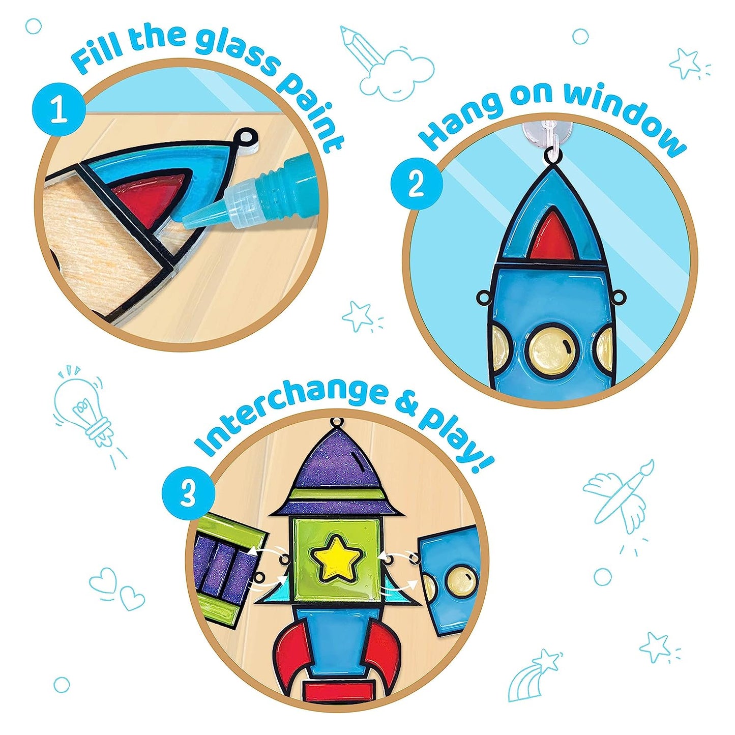 Imagimake Window Art - Rocket - 16 Pieces Glass Painting Set - Astronaut, Rover, Space Designs - Craft Kit for Boys & Girls 5 Years & Above GAMES