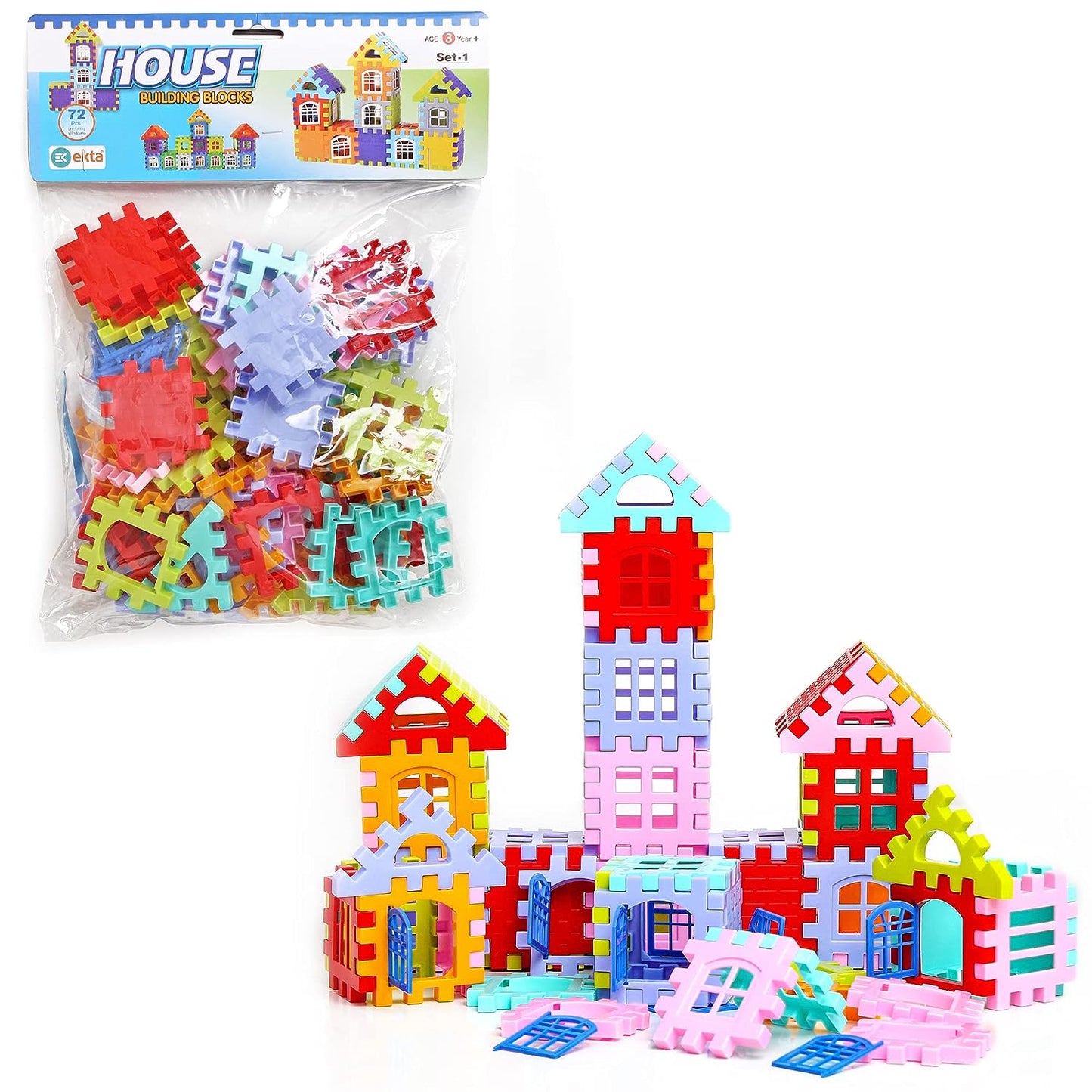 Ekta House Building Blocks with Windows Set-1, Building Blocks for Kids, Block Game for Kids (Multicolor, Big Size) - 72 Pieces