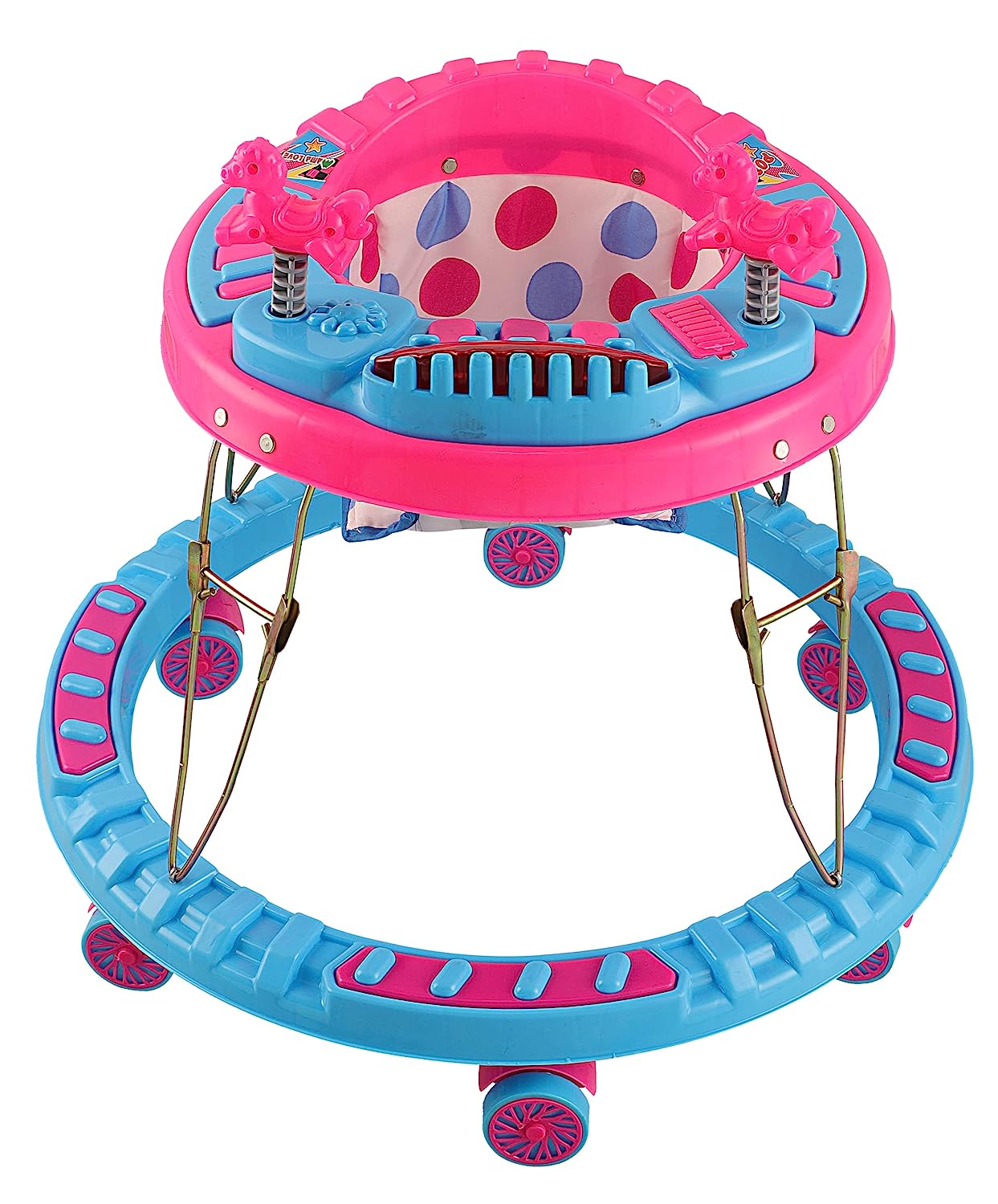 Poppy Round Kids Walker with Foldable, Cushion Seat | Activity Walker for Baby with Musical Toy Bar | Walker Baby 6-18 Months Boys Girls Blue Pink - MRGTOYS