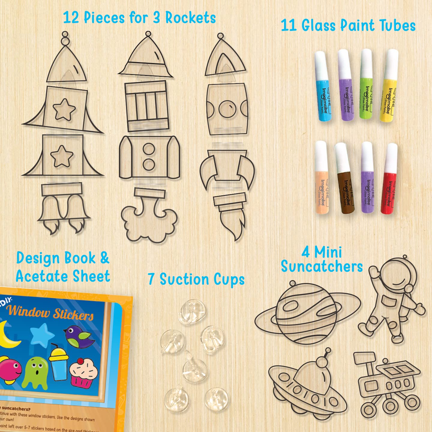 Imagimake Window Art - Rocket - 16 Pieces Glass Painting Set - Astronaut, Rover, Space Designs - Craft Kit for Boys & Girls 5 Years & Above GAMES