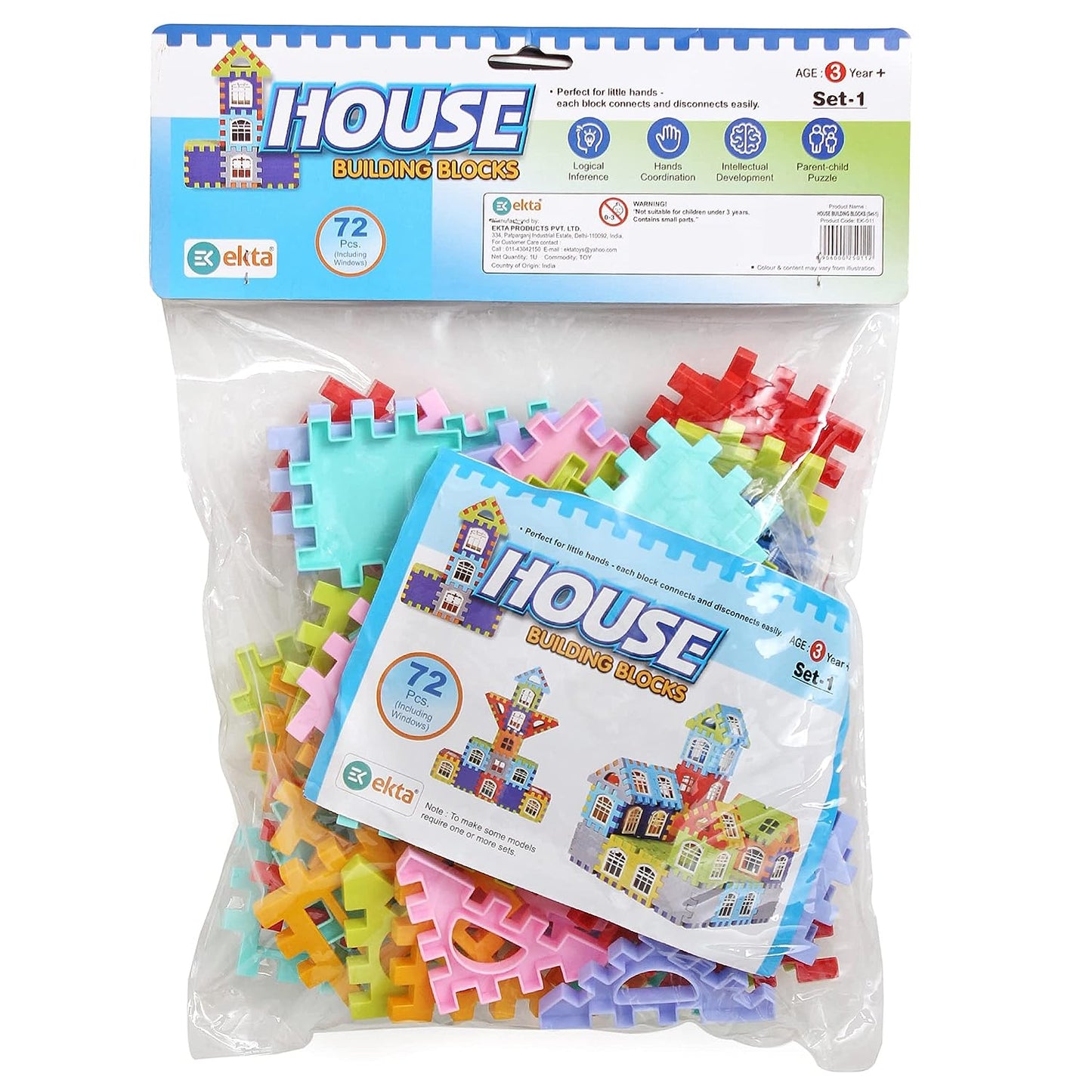Ekta House Building Blocks with Windows Set-1, Building Blocks for Kids, Block Game for Kids (Multicolor, Big Size) - 72 Pieces