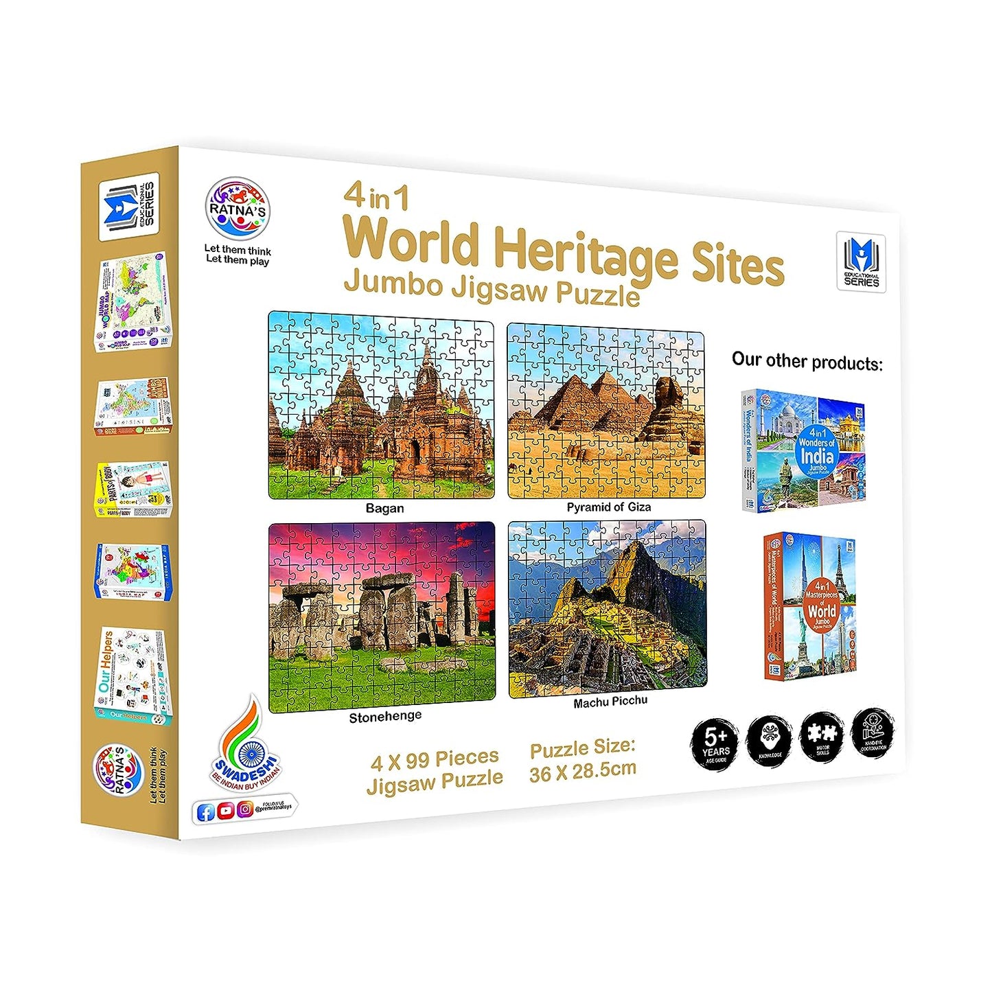 Ratna's 4 in 1 World Heritage Sites Jumbo Jigsaw Puzzle (4 x 99 Pieces) Size 36 x 28.5 cm for Each Puzzle Educational Toy for Kids 5+ Years
