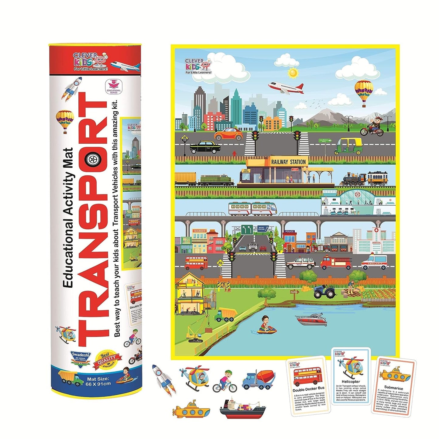 RATNA'S Clever Kids Educational Transport Activity mat (91 cms x 66 cms Jumbo mat) with 12 Both Sides Printed Flash Cards & 22 Transport Vehicle eva Cutouts with Velcro. - Multi Color