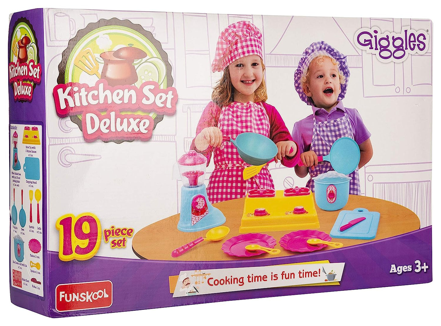 Giggles - Kitchen Set Deluxe, 19 Piece Colourful Pretend and Play Cooking Set, Language and Social Skills,Role Play, 3 Years & Above, Preschool Toys