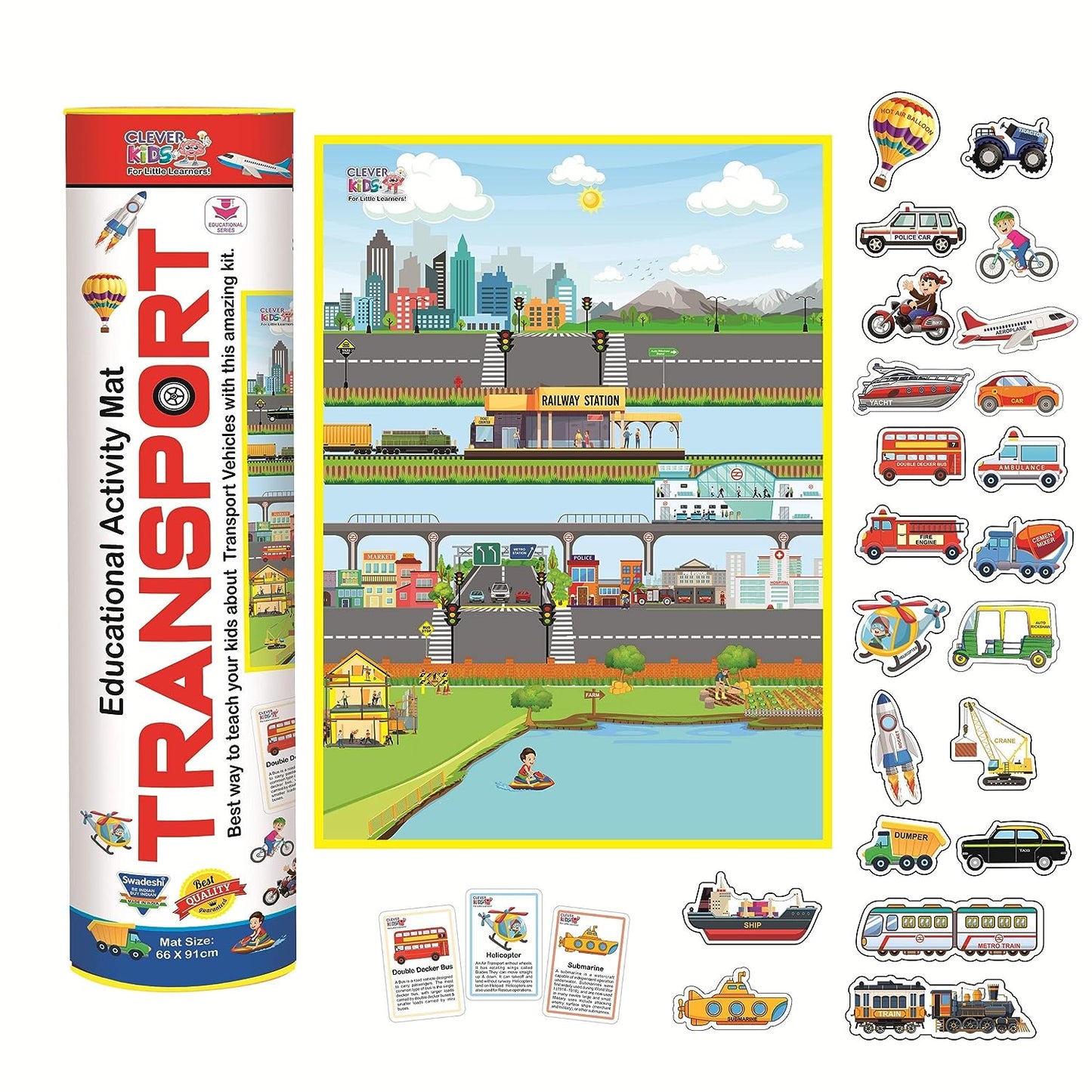 RATNA'S Clever Kids Educational Transport Activity mat (91 cms x 66 cms Jumbo mat) with 12 Both Sides Printed Flash Cards & 22 Transport Vehicle eva Cutouts with Velcro. - Multi Color