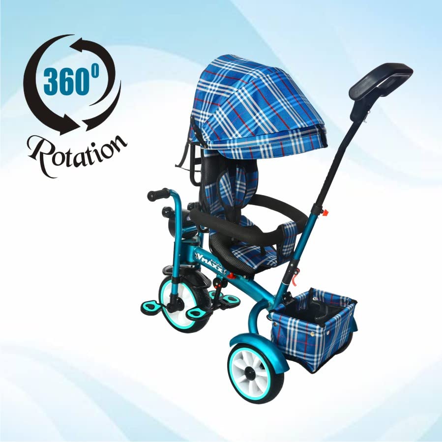 BABYCUTE Baby Tricycle for 2 Years to 5 Years | Tricycle for Kids 1 to 5 Years with Printed Canopy and Parent Push Handle (Navy Blue) - MRGTOYS