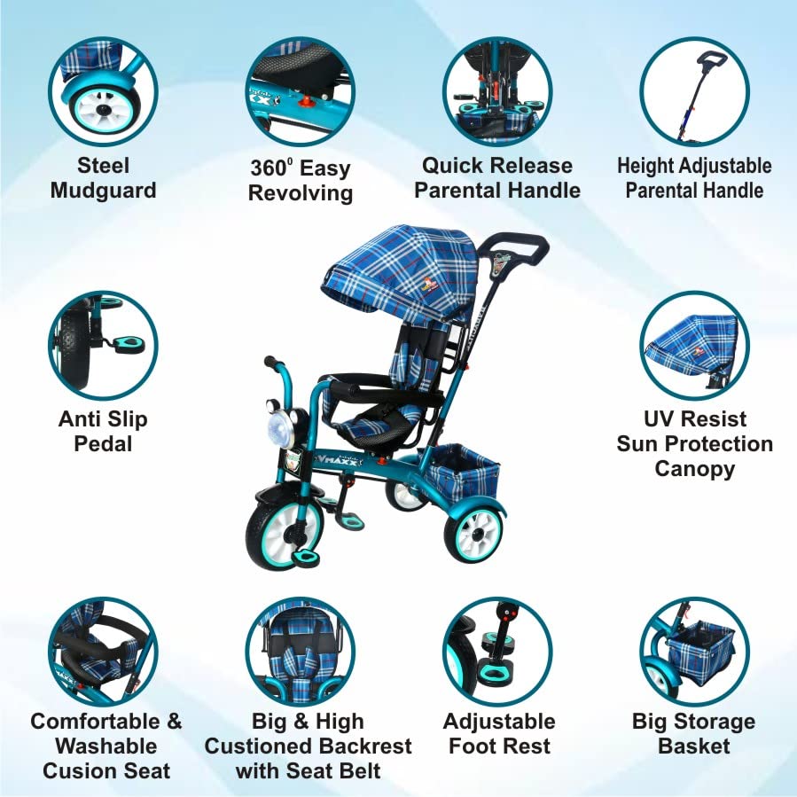 BABYCUTE Baby Tricycle for 2 Years to 5 Years | Tricycle for Kids 1 to 5 Years with Printed Canopy and Parent Push Handle (Navy Blue) - MRGTOYS