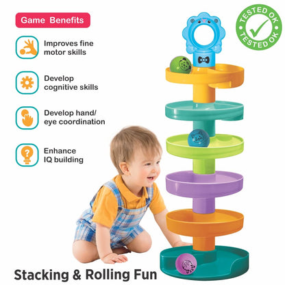 Toymate Cat Spiral Fun - A Roll Ball Toy with 7 Layer Ball Drop Tower Run with Roll Swirling Ramps for Baby and Toddler Educational Development Toy Set