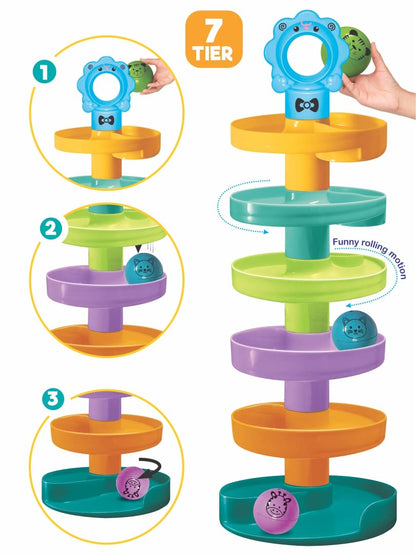 Toymate Cat Spiral Fun - A Roll Ball Toy with 7 Layer Ball Drop Tower Run with Roll Swirling Ramps for Baby and Toddler Educational Development Toy Set