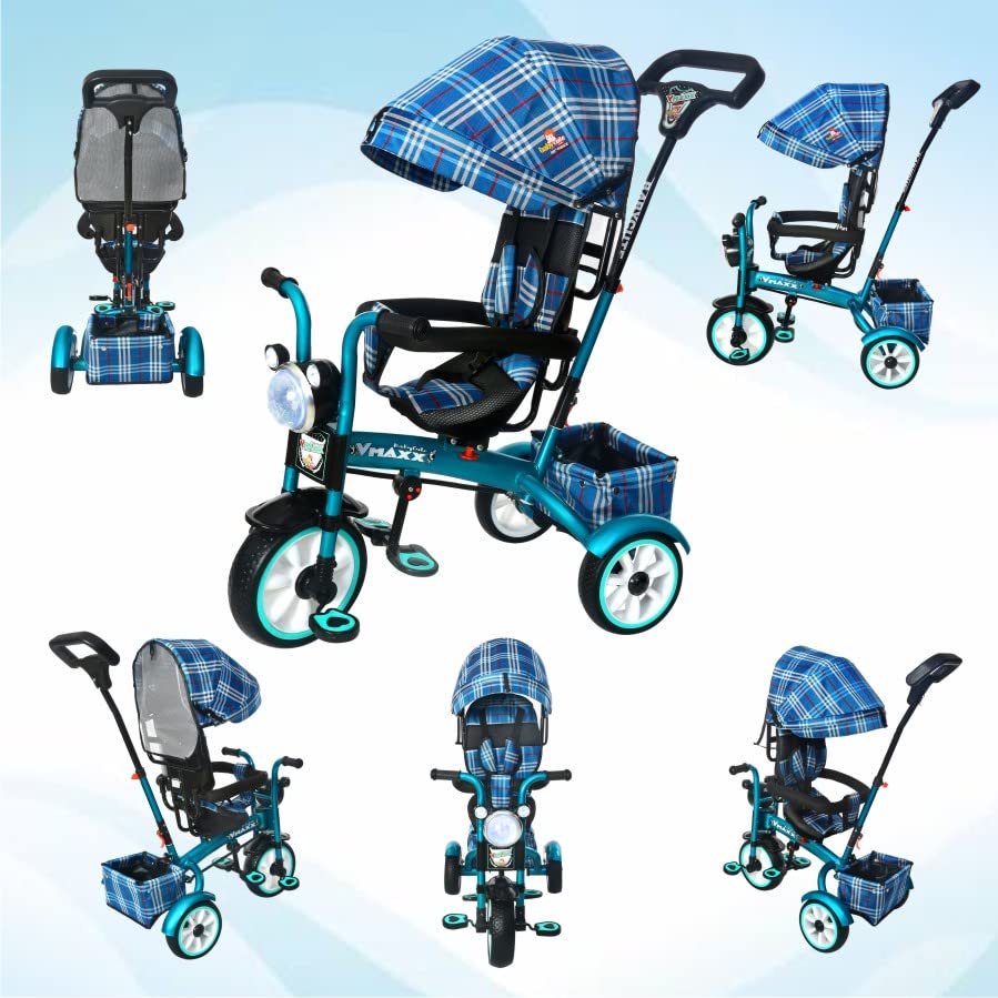 BABYCUTE Baby Tricycle for 2 Years to 5 Years | Tricycle for Kids 1 to 5 Years with Printed Canopy and Parent Push Handle (Navy Blue) - MRGTOYS