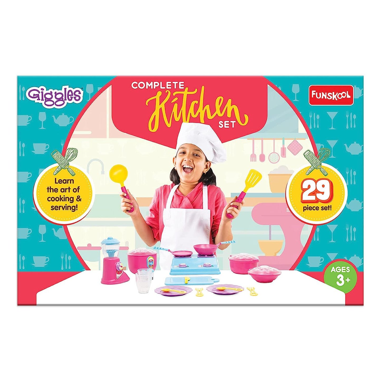 Giggles Plastic - Complete Kitchen Set, 29 Piece Colourful Pretend and Play Cooking Set, Language and Social Skills, Role Play, for 3 Years & Above, Preschool Toys