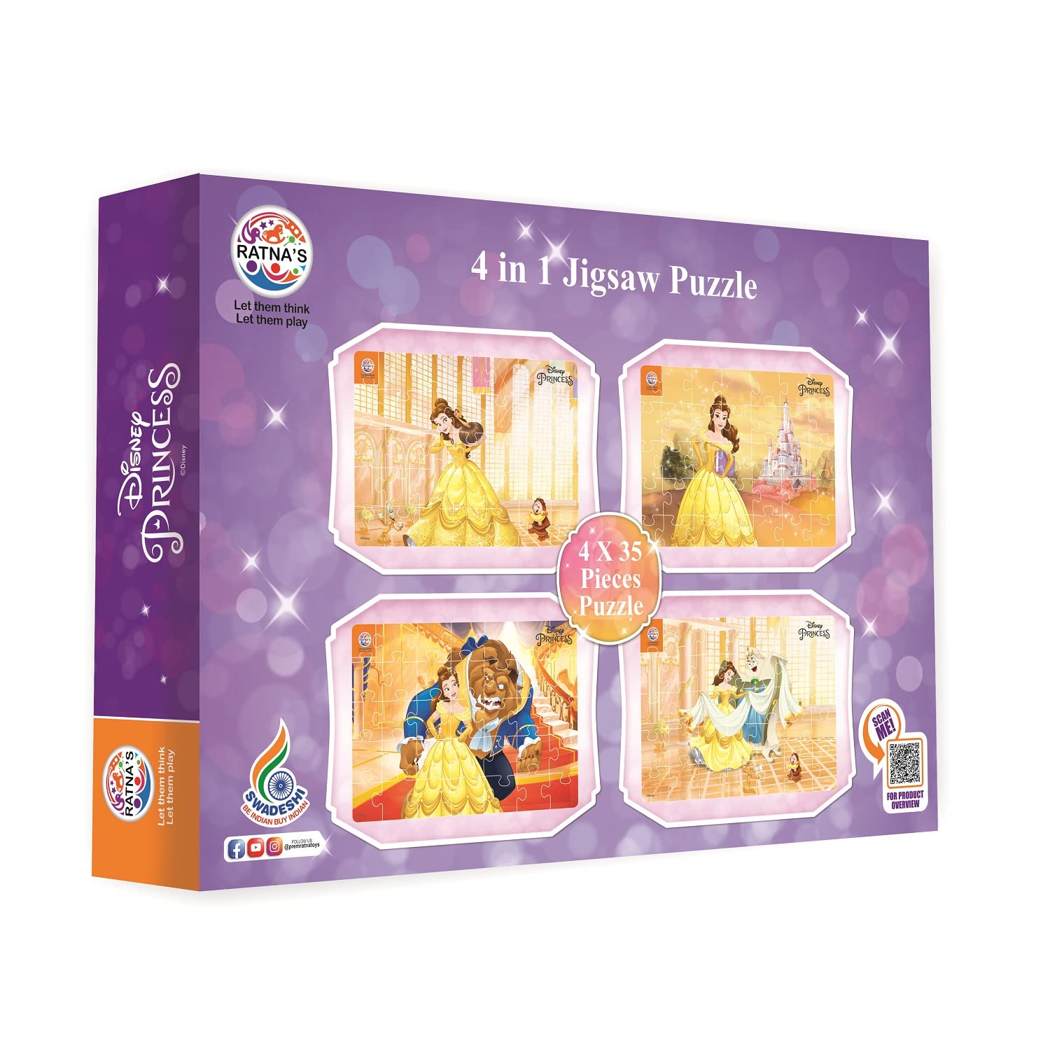 Ratna's 4 in 1 Disney Jigsaw Puzzle 140 Pieces for Kids. 4 Jigsaw Puzzles 35 Pieces Each (Princess Belle) - MRGTOYS