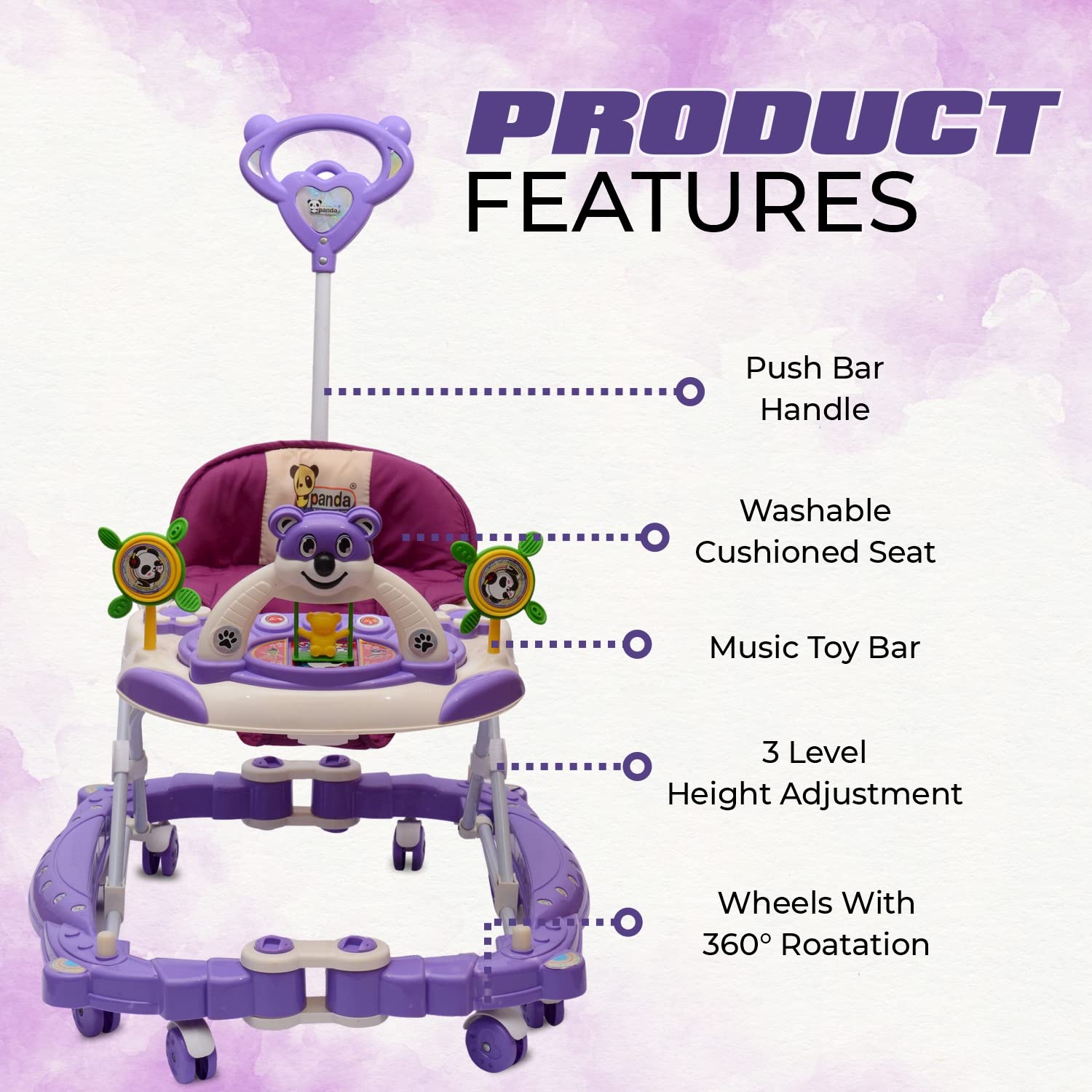 Rocker N Walker Baby Adjustable Height with Height Adjustable 6-18 Months Baby Walker Walker for Kids, Walker with Parental Push Handle | Activity Walker for Baby with Musical Boys Girls (Purple) - MRGTOYS