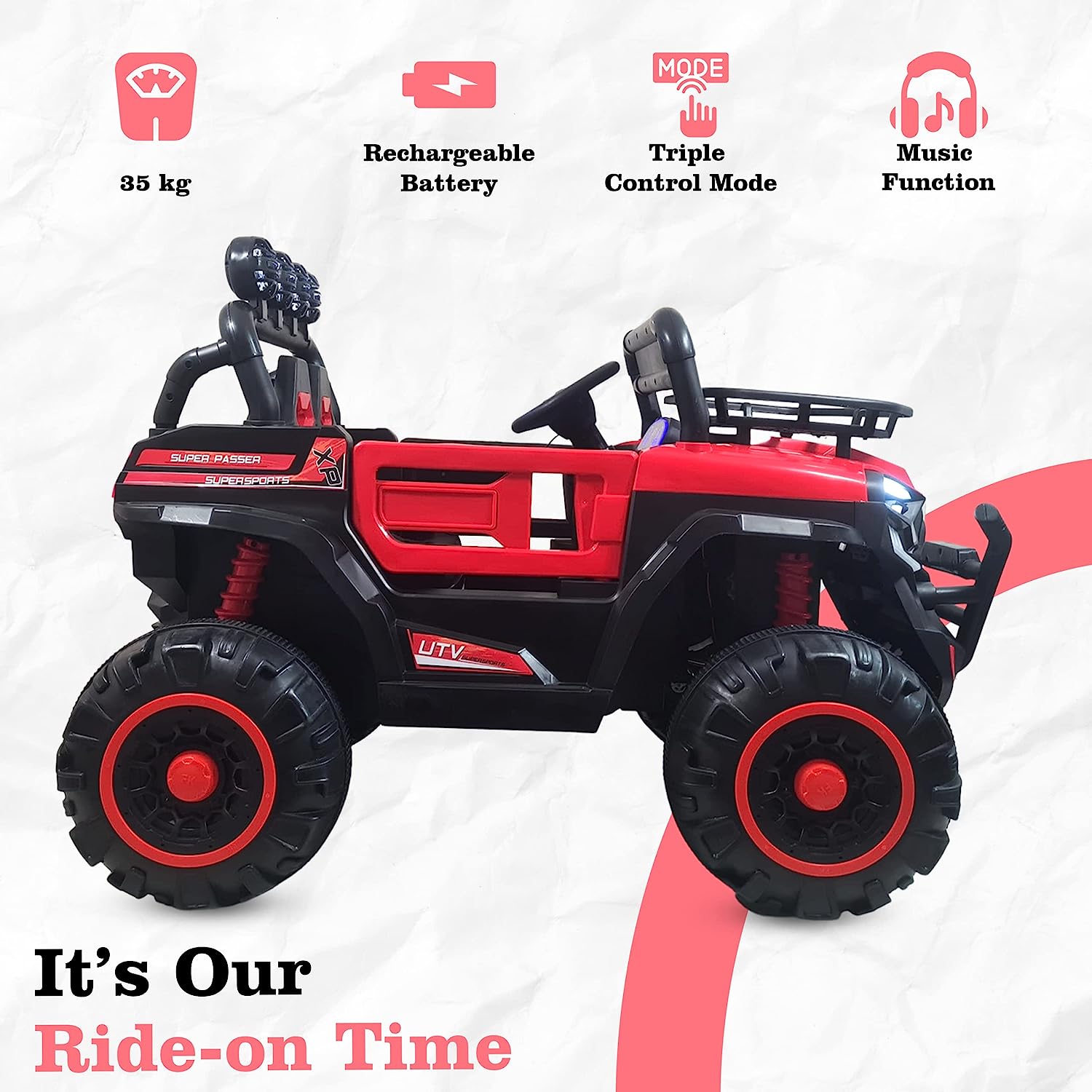 4X4 Big Wheeler Electric Rechargeable Jeep for Kids of Age 2 to 8 Years- Battery Operated Car Jeep with Mic, M3 Player, Led Lights, Suspension and Bluetooth Remote (Red) - MRGTOYS