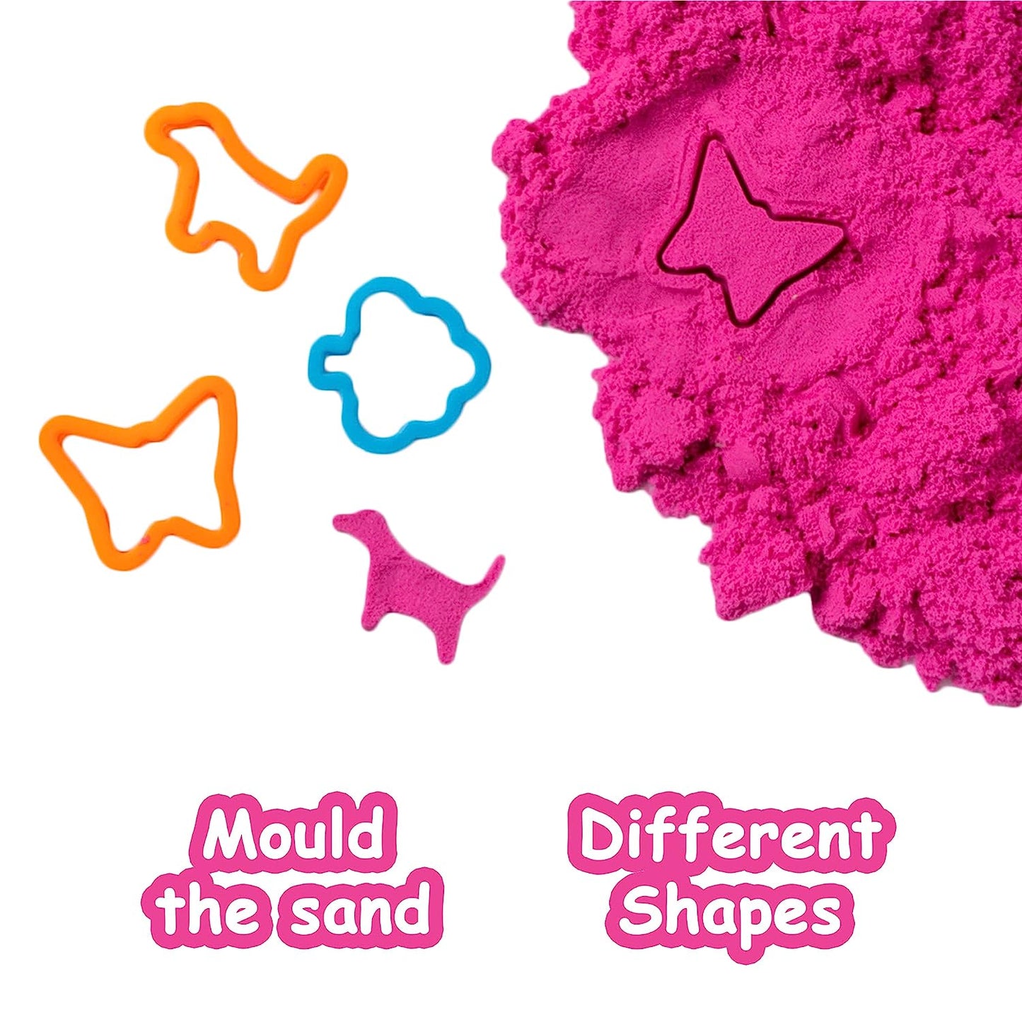 Ratna's Fantasy Sand Wonder 500 Grams with Inflatable Tray, 1 Big Mould, 6 Small Moulds & 1 Toy Plastic Knife, Smooth, Non Sticky Kinetic Active Sand Set for Kids to Play. (Pink)