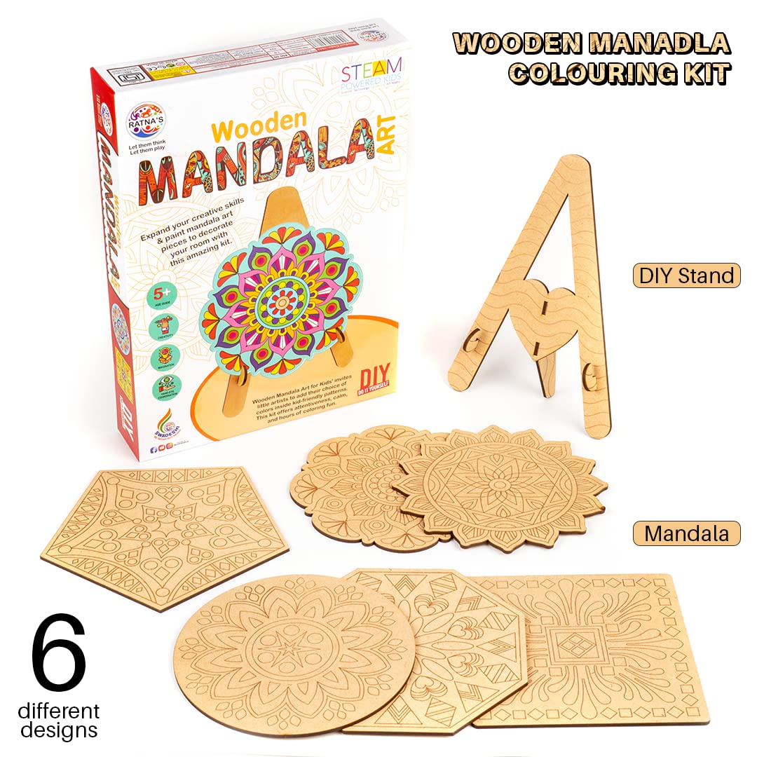 RATNA'S Wooden Mandala Art The Coloring Kit with 6 Design MDF Frame & Water Color for Kids