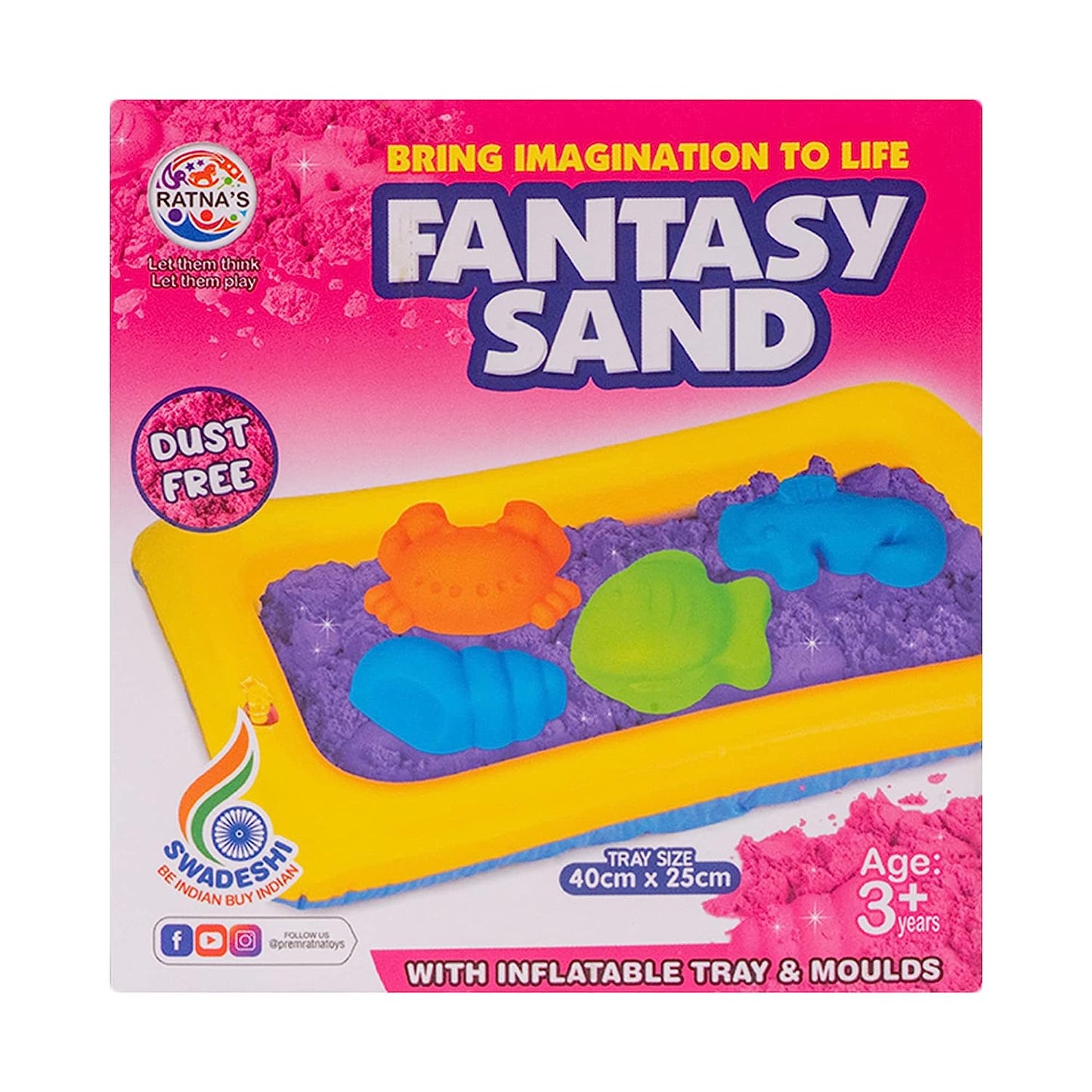 Ratna's Fantasy Sand Wonder 500 Grams with Inflatable Tray, 1 Big Mould, 6 Small Moulds & 1 Toy Plastic Knife, Smooth, Non Sticky Kinetic Active Sand Set for Kids to Play. (Pink)