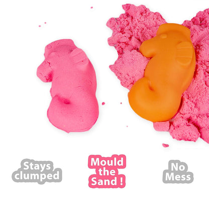 Ratna's Fantasy Sand Wonder 500 Grams with Inflatable Tray, 1 Big Mould, 6 Small Moulds & 1 Toy Plastic Knife, Smooth, Non Sticky Kinetic Active Sand Set for Kids to Play. (Pink)