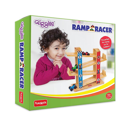 Funskool Giggles - Ramp Racer, Wooden Racing Toy with 3 Mini Cars, Fine Motor Skills, Free Wheeling Cars, 18 Months & Above, Preschool Toys