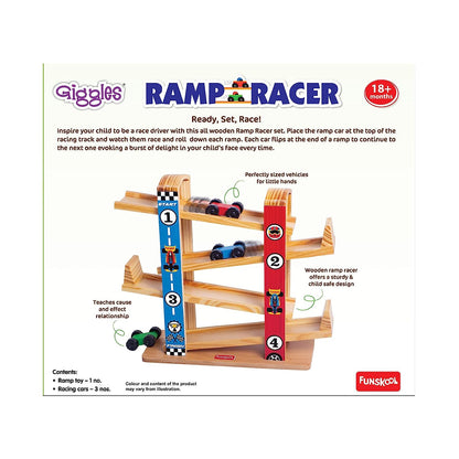 Funskool Giggles - Ramp Racer, Wooden Racing Toy with 3 Mini Cars, Fine Motor Skills, Free Wheeling Cars, 18 Months & Above, Preschool Toys