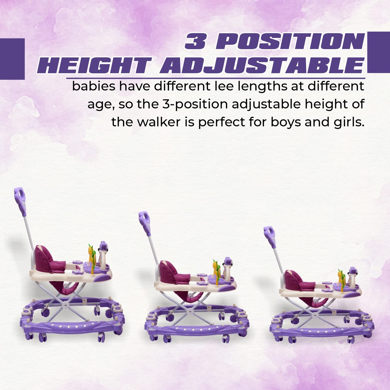 Rocker N Walker Baby Adjustable Height with Height Adjustable 6-18 Months Baby Walker Walker for Kids, Walker with Parental Push Handle | Activity Walker for Baby with Musical Boys Girls (Purple) - MRGTOYS