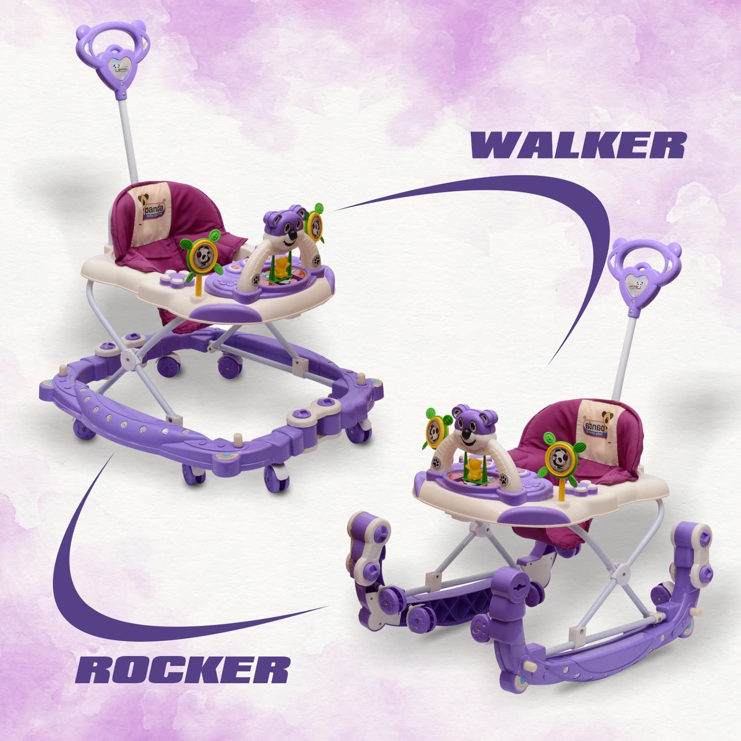 Rocker N Walker Baby Adjustable Height with Height Adjustable 6-18 Months Baby Walker Walker for Kids, Walker with Parental Push Handle | Activity Walker for Baby with Musical Boys Girls (Purple) - MRGTOYS