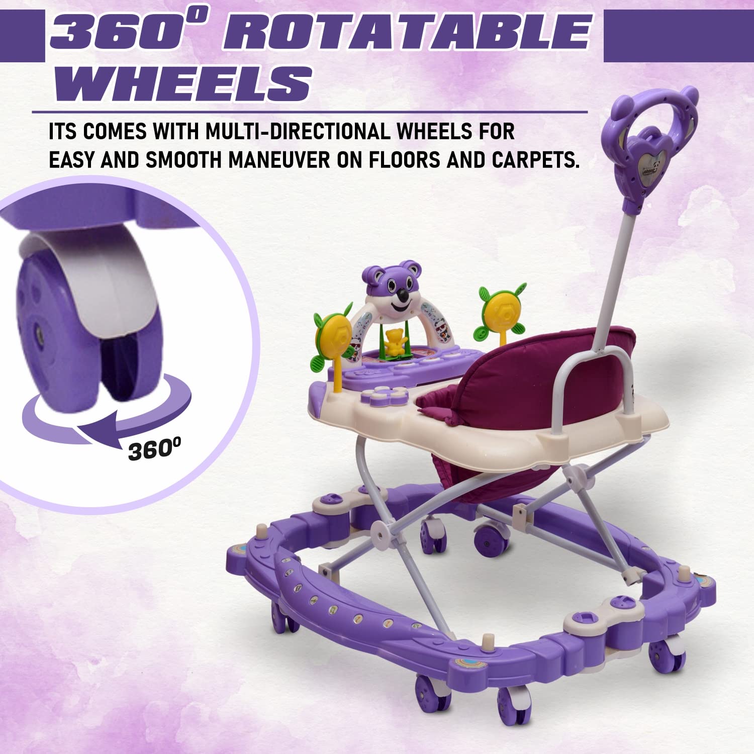 Rocker N Walker Baby Adjustable Height with Height Adjustable 6-18 Months Baby Walker Walker for Kids, Walker with Parental Push Handle | Activity Walker for Baby with Musical Boys Girls (Purple) - MRGTOYS