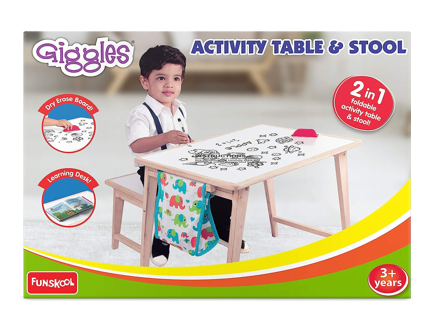 Giggles - Activity Table & Stool, Wooden Kids Study Table, Dry Erase Board,Studying and Storage, 3 Years & Above, Preschool Toys