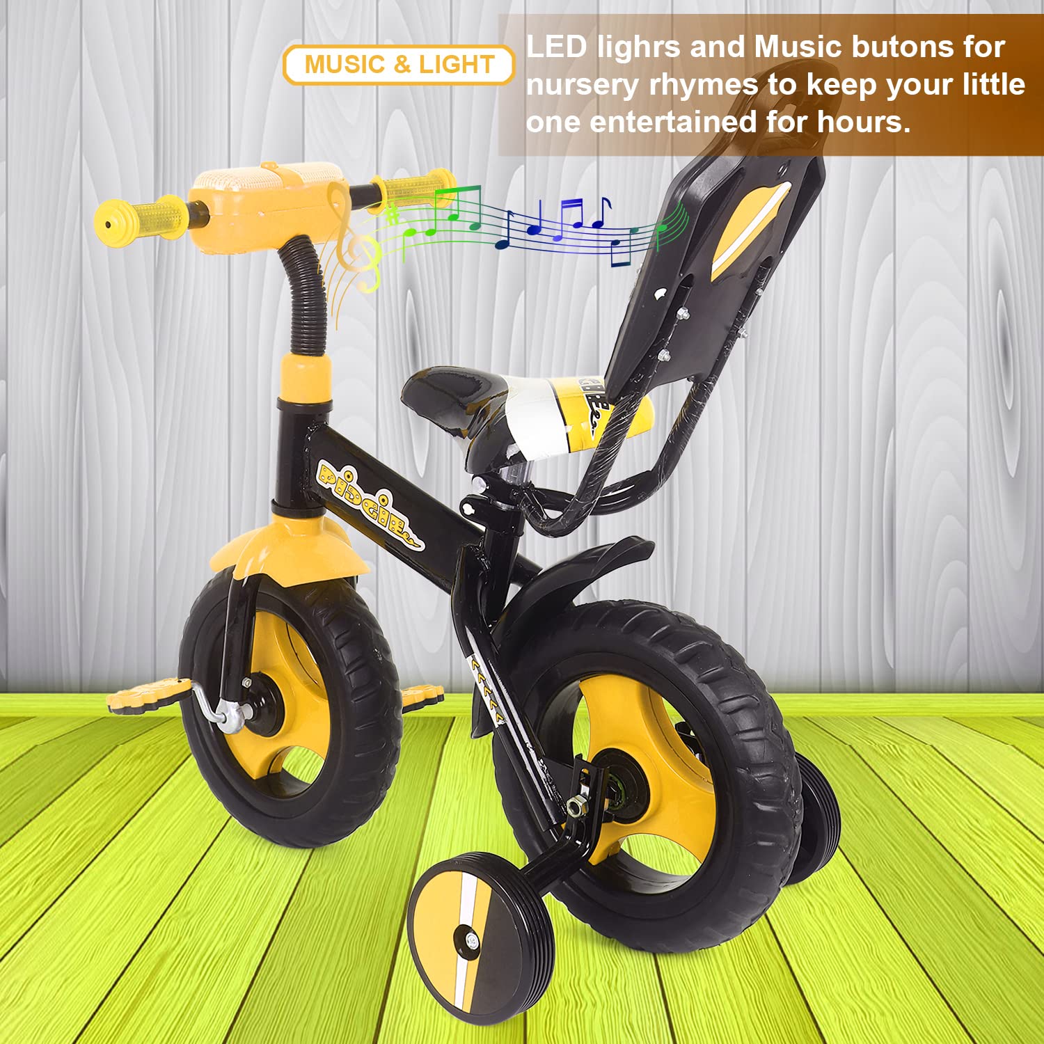 BABYCUTE Plug N Play Kids/Baby Tricycle for 12 Months to 48 Months, Cushion Seat and Seat Belt Boys, Girls, and Up to 30kg Carrying Capacity PIDGI TRICYCLE (YELLOW) - MRGTOYS