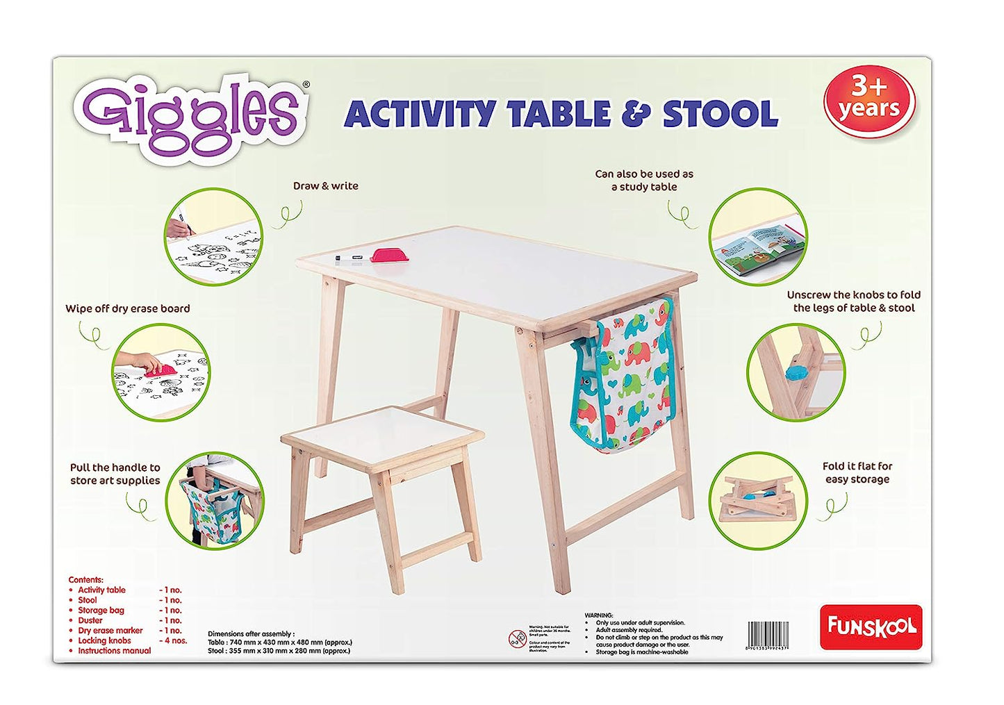 Giggles - Activity Table & Stool, Wooden Kids Study Table, Dry Erase Board,Studying and Storage, 3 Years & Above, Preschool Toys