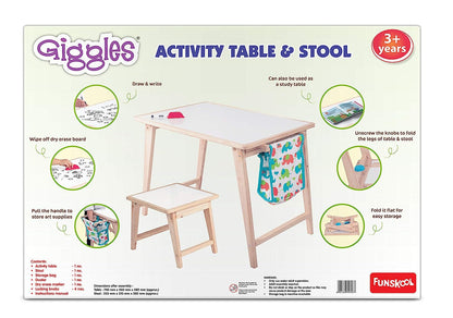 Giggles - Activity Table & Stool, Wooden Kids Study Table, Dry Erase Board,Studying and Storage, 3 Years & Above, Preschool Toys